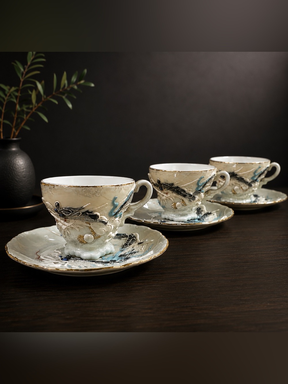 Vintage Japanese Moriage Dragonware Tea Cups & Saucers Set 3D Relief Japan 6 Pc